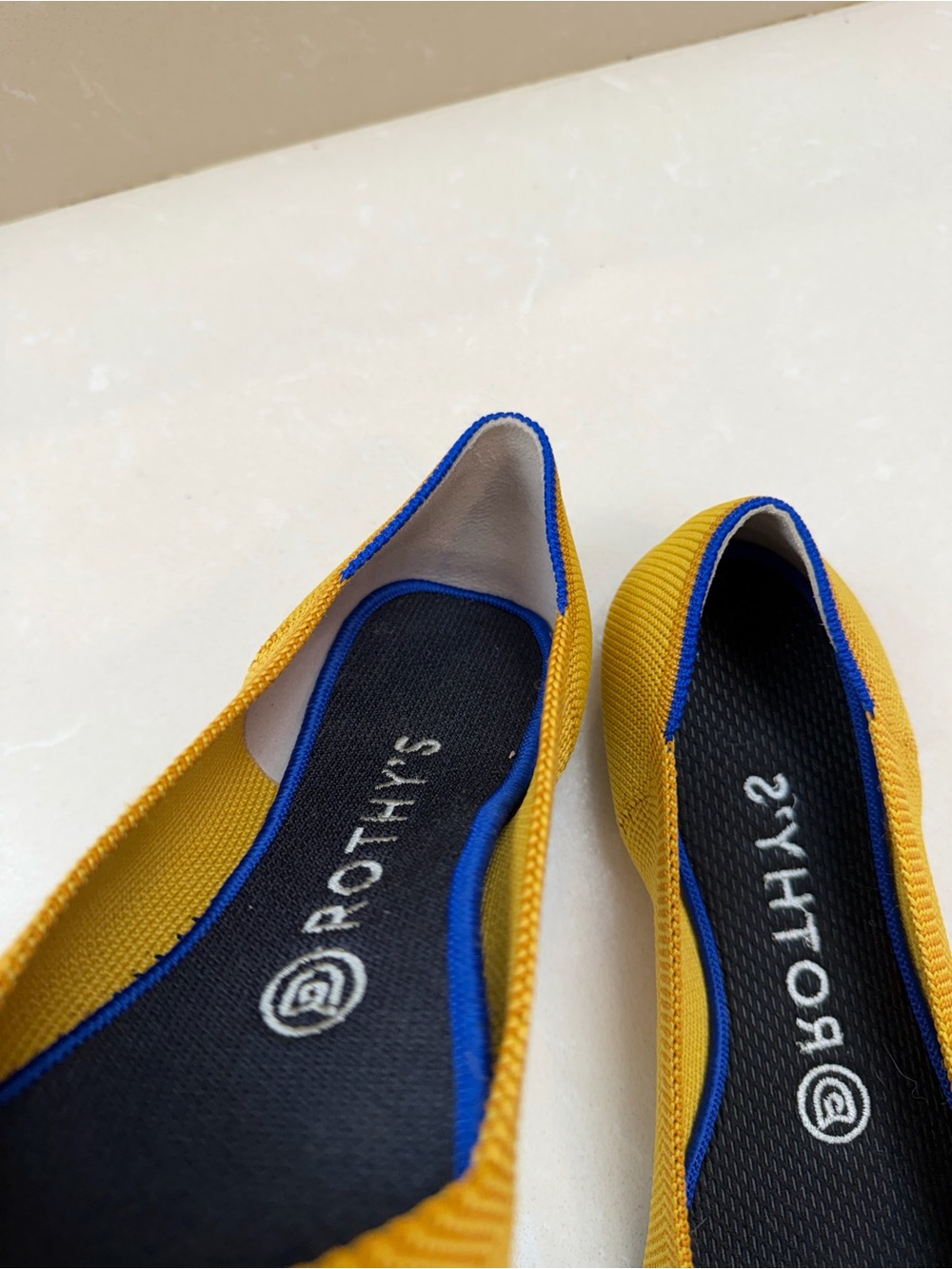 Rothy's Pointed Knit Flats in Mustard with Blue Trim - Picture 5 of 9